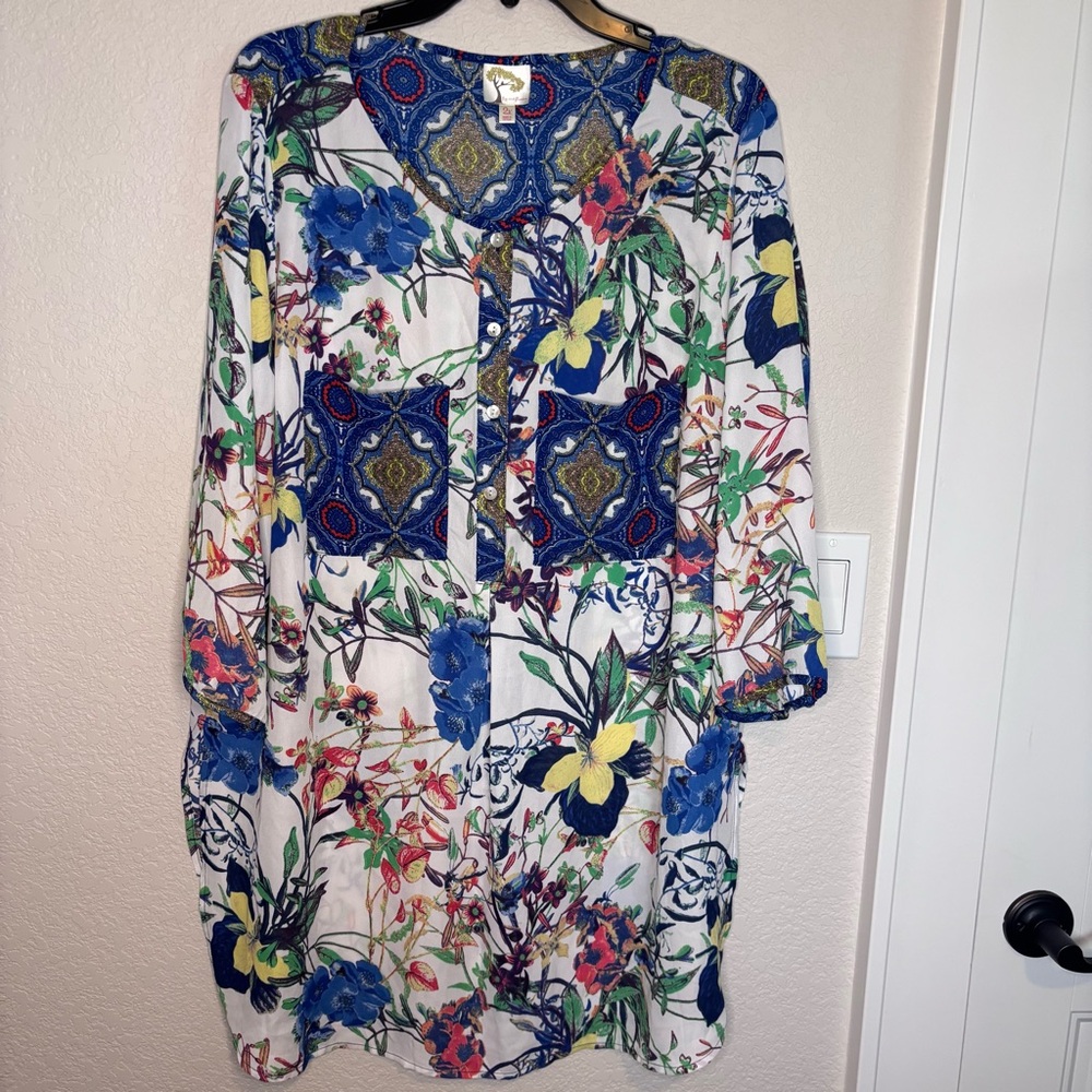 Fig and Flower Blue Pink Casual  Top with 3/4 Bishop‎ Sleeves
